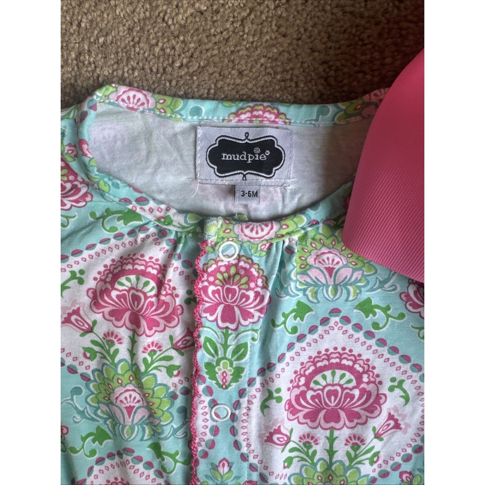 Mudpie Baby Girls Blue And Pink Floral Snap Up Outfit With Bow Cap 3-6 Months - Picture 3 of 10